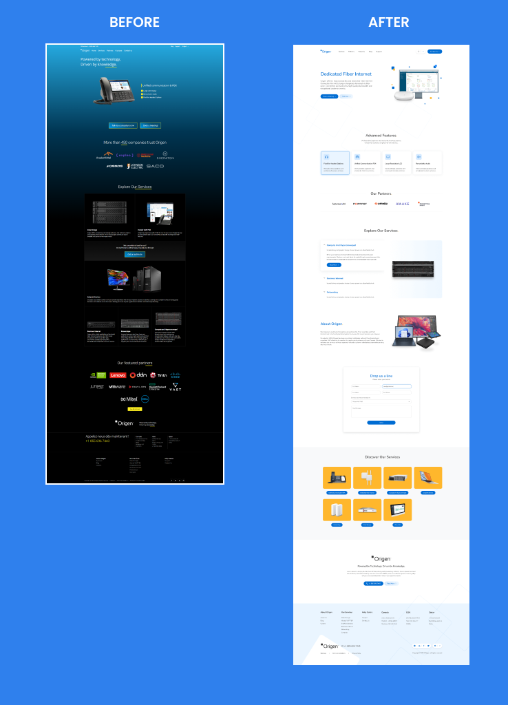 Comparison of before after of origen website redesign project
